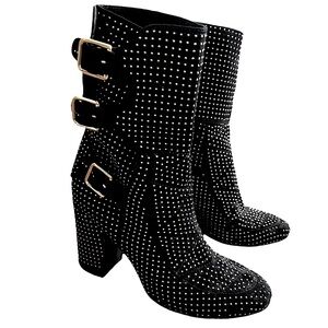 39.5/9.5 Laurence Dacade Suede Merli Heeled Boots - Black and Gold Studs Buckles